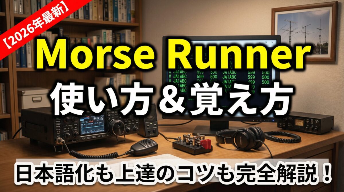 アマチュア無線のシャックでMorse Runnerを使用している様子。