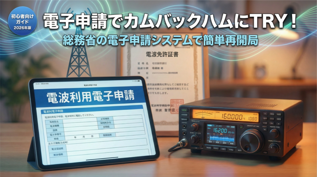 「電子申請でカムバックハムにTRY！」のタイトルが入ったアイキャッチ画像。電子申請システムを表示するタブレット、アマチュア無線機、電波免許証書が並び、電波塔から青緑色の電波が放射されている。