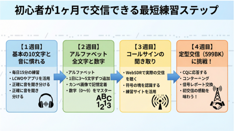 モールス信号学習ロードマップ - 1ヶ月で交信できる4週間ステップ（1週目：基本10文字、2週目：全文字と数字、3週目：コールサイン聞き取り、4週目：599BK実践）
