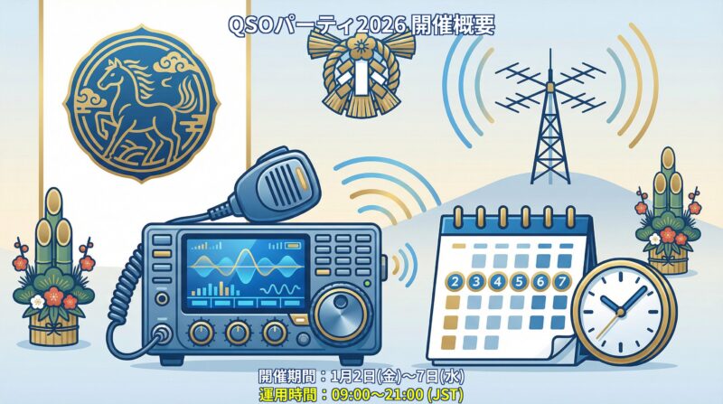  QSOパーティ2026の開催日程と記念ステッカーのインフォグラフィック