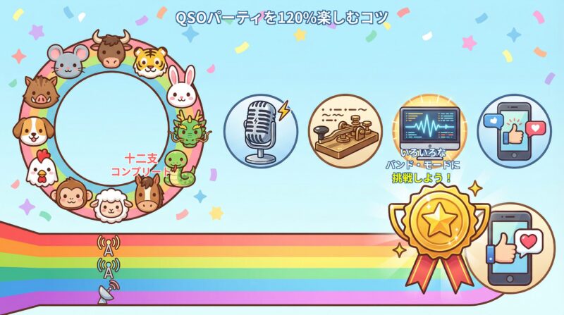 QSOパーティを楽しむコツと十二支ステッカーのイラスト