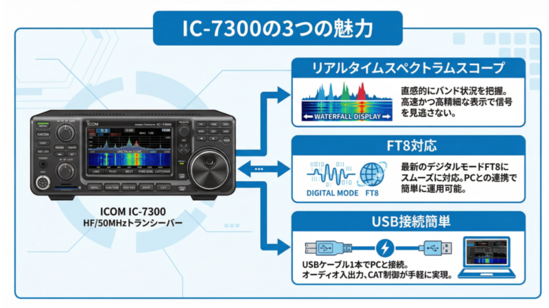 ICOM IC-7300の3つの魅力を解説するインフォグラフィック