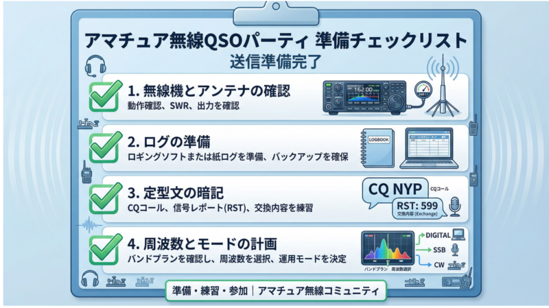 QSOパーティ参加準備チェックリスト 無線機・ログ・定型文・周波数の確認項目