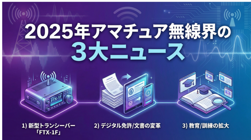 2025年アマチュア無線界の3大ニュースを示すインフォグラフィック。FTX-1F新型トランシーバー、デジタル免許状、教育訓練の拡大を図解