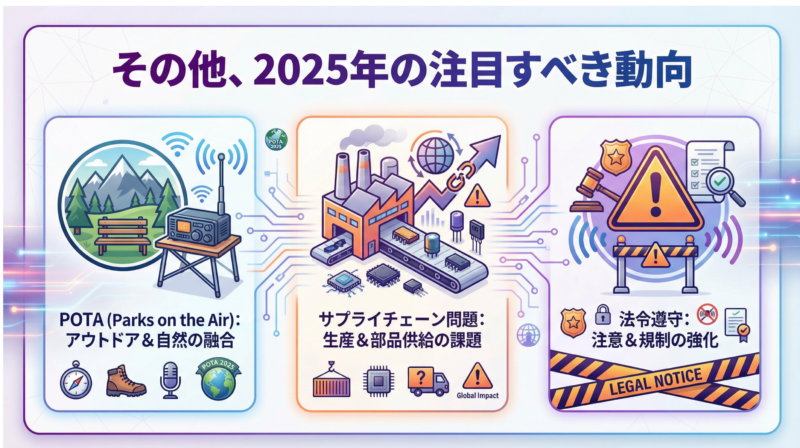 2025年のアマチュア無線界の注目動向を示すインフォグラフィック。POTA流行、サプライチェーン問題、法令遵守の強化を図解