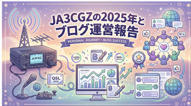 JA3CGZの2025年活動とブログ運営報告を示すインフォグラフィック。無線機、アクセス解析グラフ、コミュニティ交流を図解