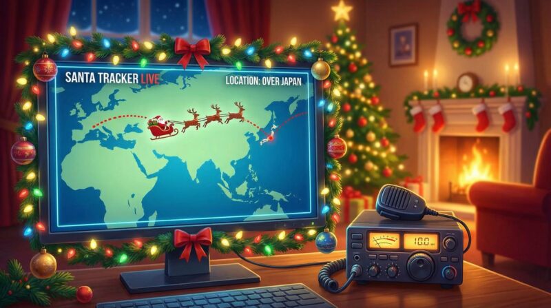 サンタ追跡サイトで日本上空を飛ぶサンタクロースを追跡する画面とアマチュア無線機