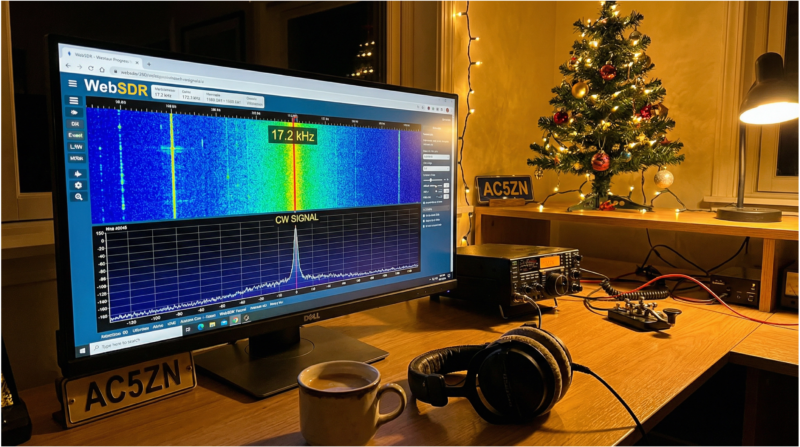 WebSDRで17.2kHzのSAQ信号を受信中のパソコン画面とアマチュア無線機