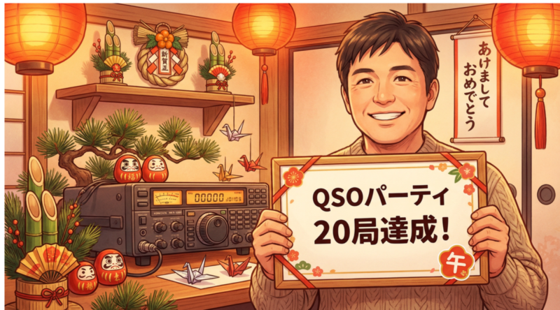 QSOパーティ20局達成を祝うアマチュア無線家と午年のステッカー