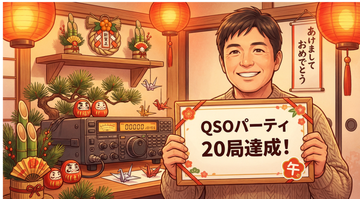 QSOパーティ20局達成を祝うアマチュア無線家と午年のステッカー