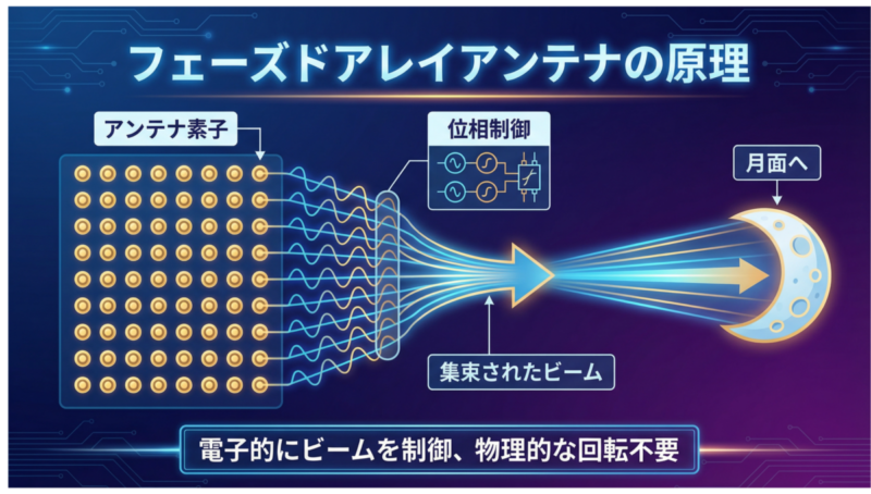 フェーズドアレイアンテナのビームフォーミング原理を説明するインフォグラフィック