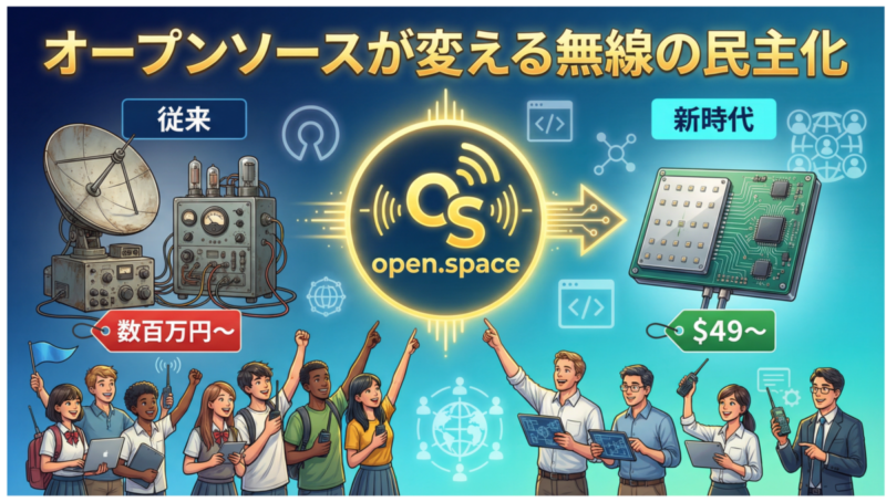 open.spaceプロジェクトのロゴと「無線の民主化」というコンセプトを示す画像