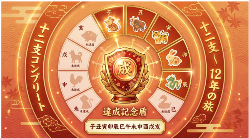 十二支ステッカー12年コンプリートと達成記念盾のインフォグラフィック