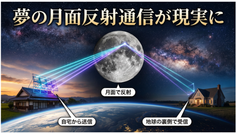地球と月の間で電波が反射している様子を描いたイメージ