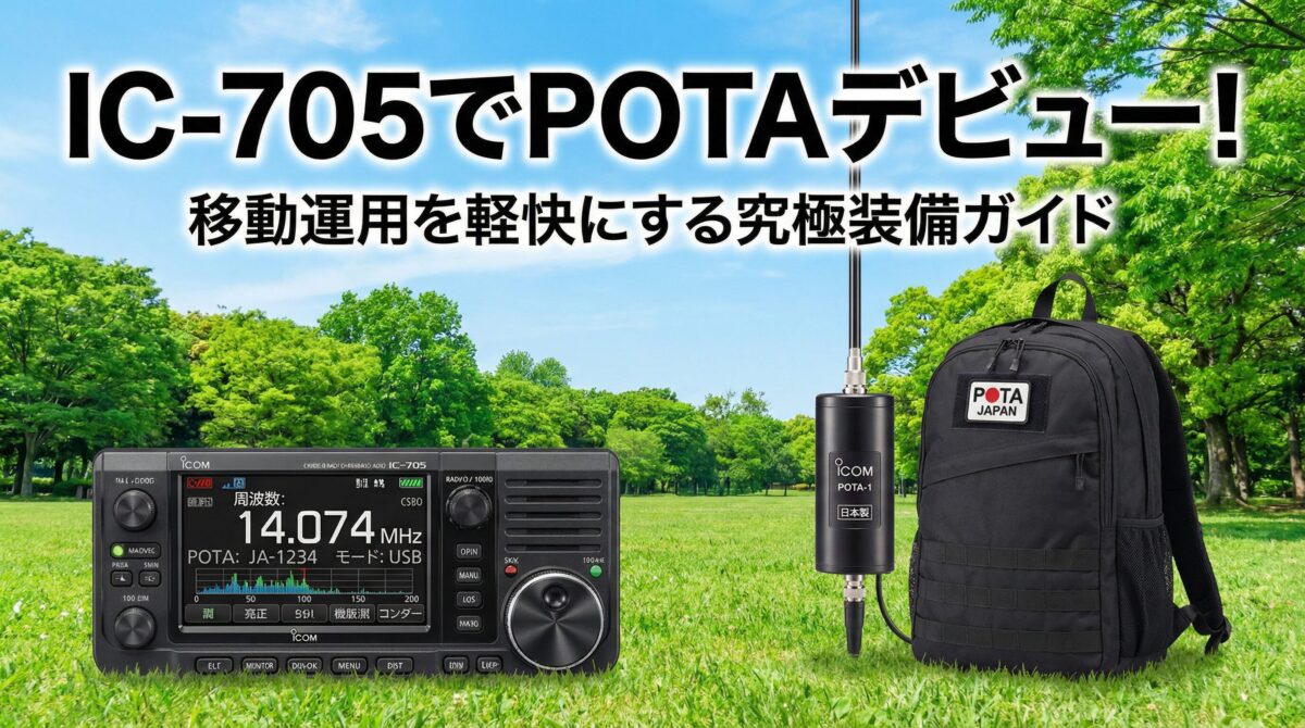 IC-705とアンテナ、リュックサックが公園の芝生の上に配置されている様子