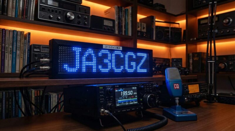 夜間のアマチュア無線シャック環境。中央に青色LEDで光るコールサイン表示板（JA3CGZ）があり、手前にはトランシーバーとマイクが配置されている。