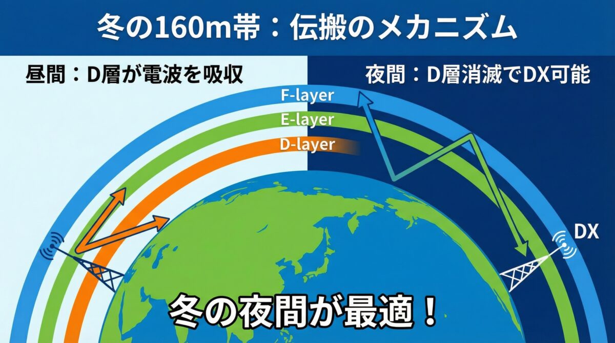 160m帯の冬季伝播メカニズムを説明する図。電離層のD層、E層、F層を示し、夜間のD層消滅によりDX通信が可能になる様子を表示。