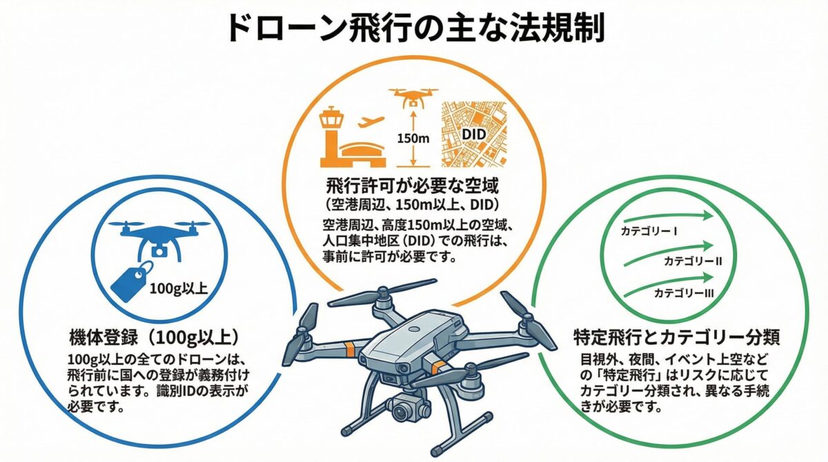 ドローン飛行の主な法規制