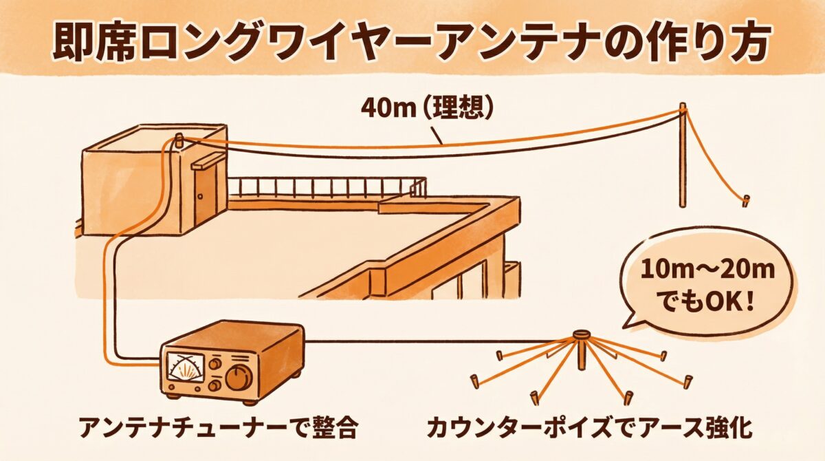 即席ロングワイヤーアンテナの構築方法を示す図。建物の屋上から電線を張る様子とアンテナチューナー、カウンターポイズの配置。