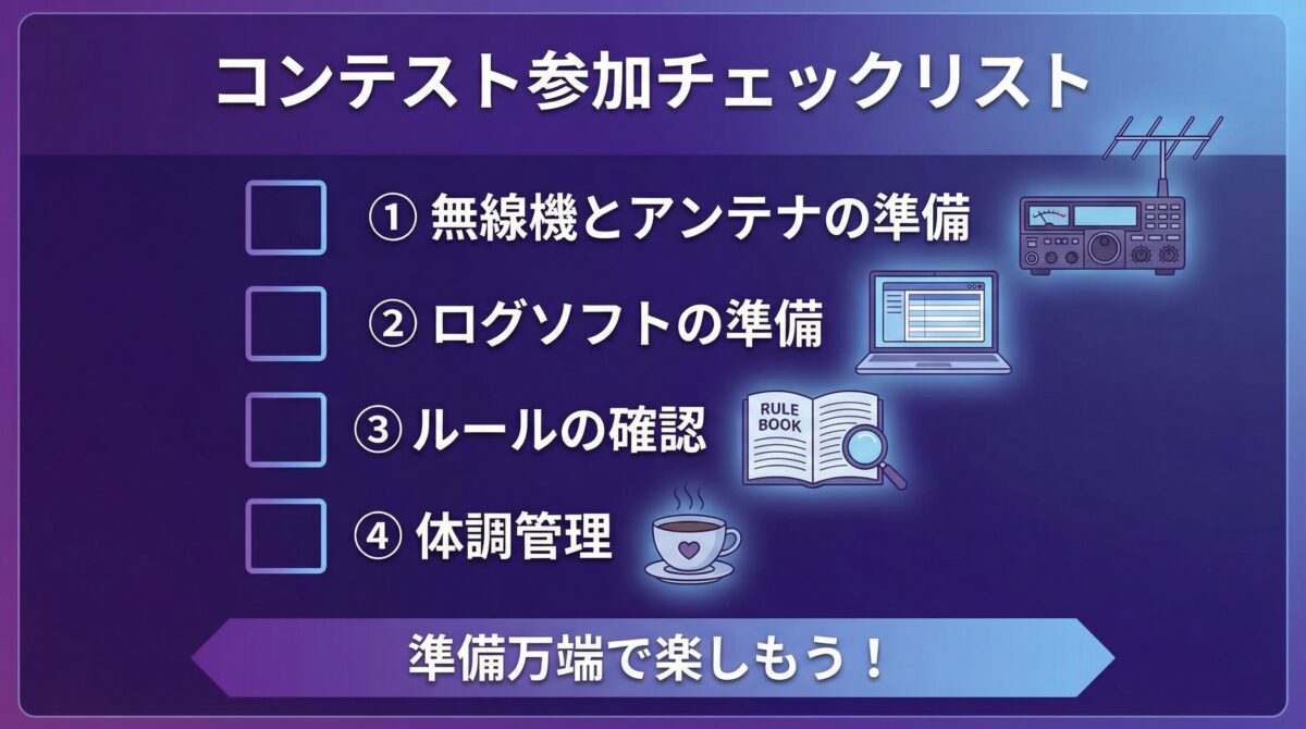 コンテスト参加のチェックリスト。無線機とアンテナの準備、ログソフトの準備、ルールの確認、体調管理の4項目。