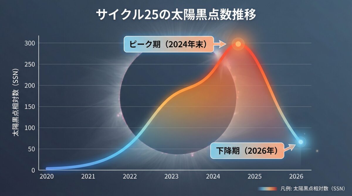 サイクル25の太陽黒点数推移を示すインフォグラフィック