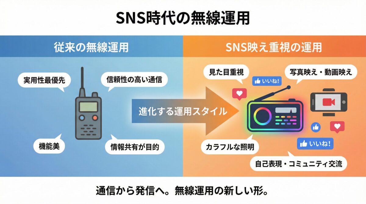 SNS時代の無線運用を比較したインフォグラフィック。従来の無線運用とSNS映え重視の運用の違いを矢印で示している。