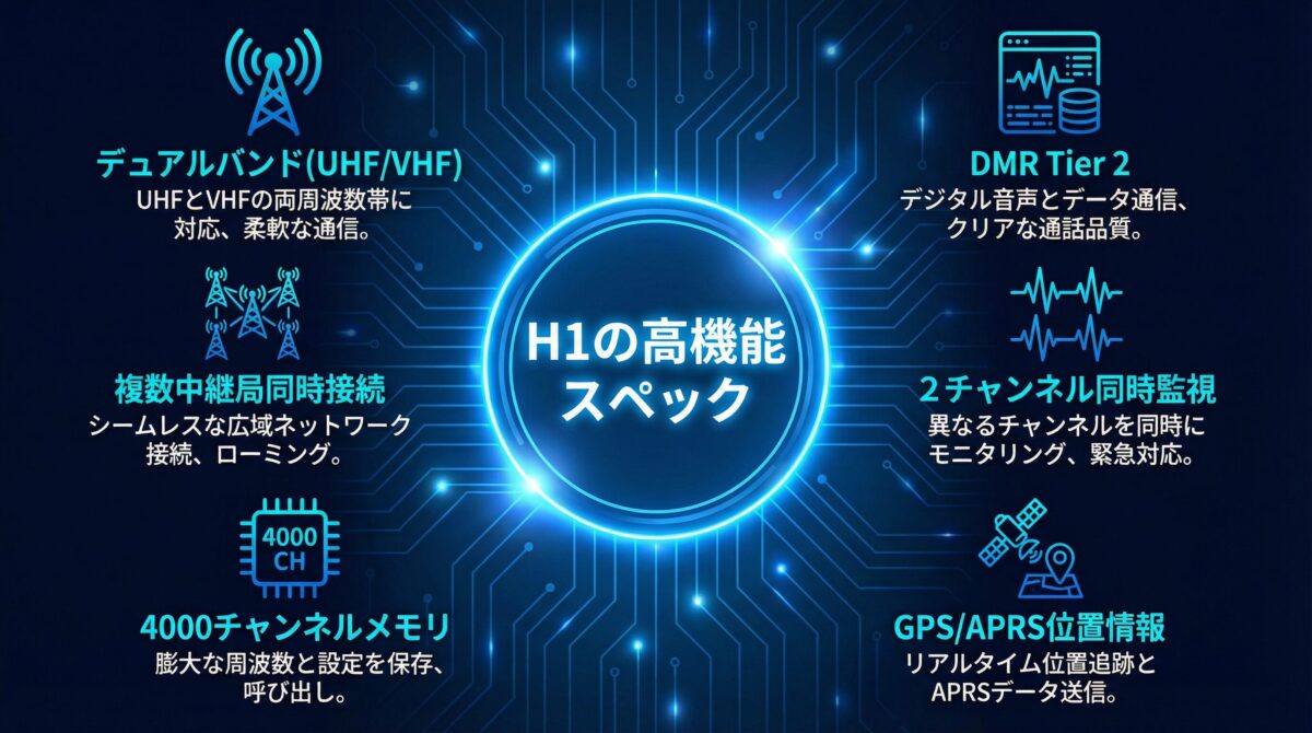 Retevis H1の高機能スペックを示す図、デュアルバンド、DMR Tier 2、複数中継局同時接続、2チャンネル同時監視、4000チャンネルメモリ、GPS/APRS機能