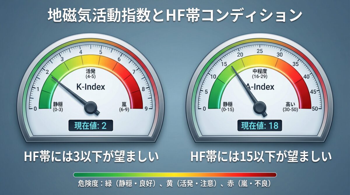 地磁気活動指数とHF帯コンディションを説明するインフォグラフィック