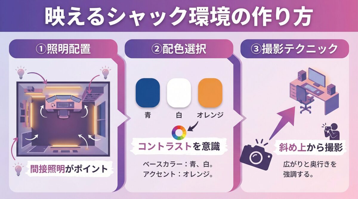 映えるシャック環境の作り方。①照明配置、②配色選択、③撮影テクニックの3つのポイントを図解。