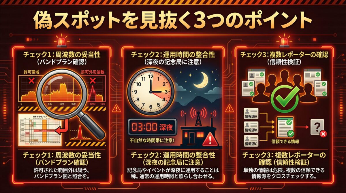 偽スポット情報を見抜く3つのポイント - 周波数・時間・レポーターの検証方法