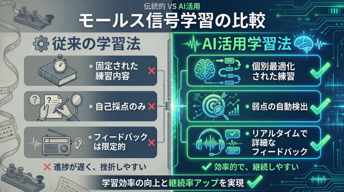 従来の学習法とAI活用学習法の比較図 - 個別最適化、弱点自動検出、リアルタイムフィードバックの優位性