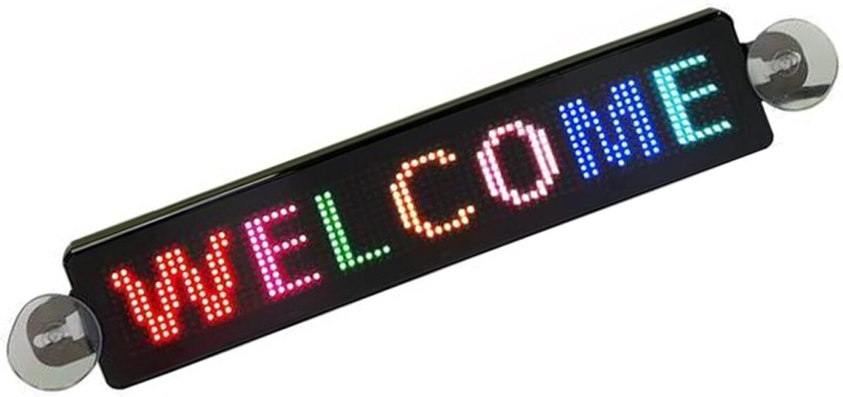 MOTOFUTURE 電光掲示板 LED 看板 光る メッセージボード。カラフルなLEDで「WELCOME」と表示されている箱型の表示板。
