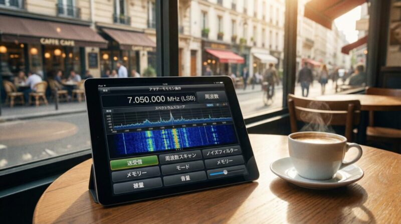 カフェでiPadを使ってアマチュア無線のリモート運用を行う様子