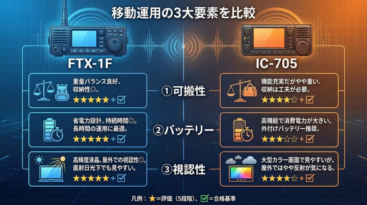FTX-1FとIC-705の可搬性・バッテリー・視認性の比較インフォグラフィック