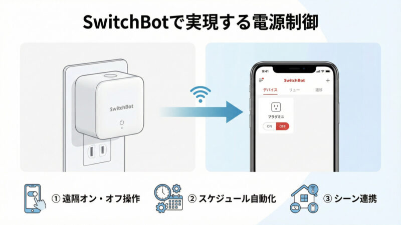SwitchBotプラグミニの活用方法を示すインフォグラフィック。スマートフォンアプリでの遠隔操作、スケジュール自動化、シーン連携の3つの主要機能が説明されている。