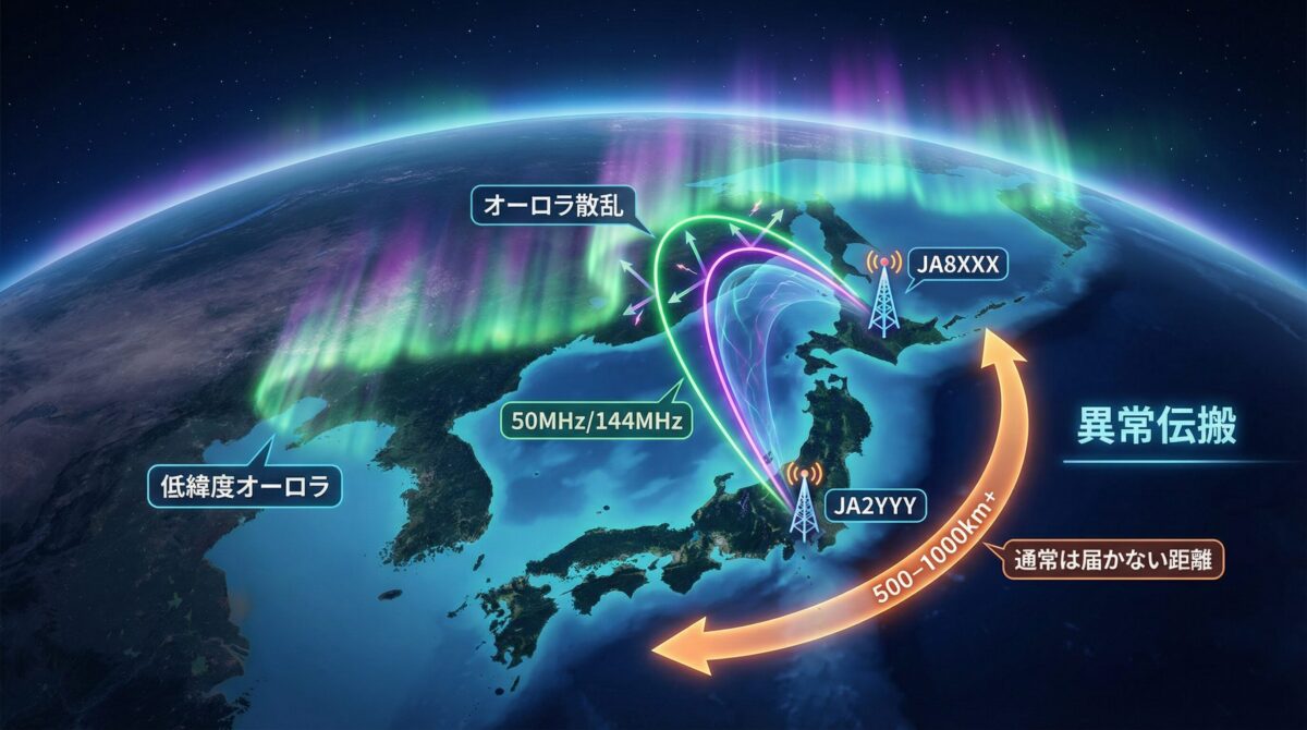 低緯度オーロラとVHF/UHF異常伝搬のイメージ図。日本上空のオーロラを利用した50MHz/144MHz帯での遠距離交信を視覚化