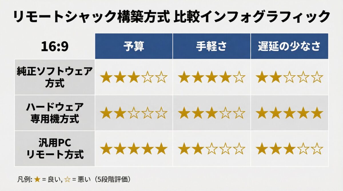 3つの方式の比較表（予算・手軽さ・遅延）