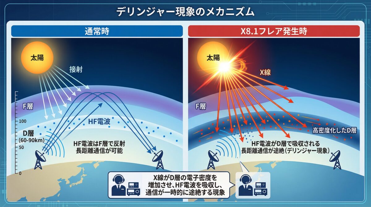 デリンジャー現象のメカニズムを説明する図。通常時とX8.1フレア発生時の電離層の状態とHF電波の伝搬を比較