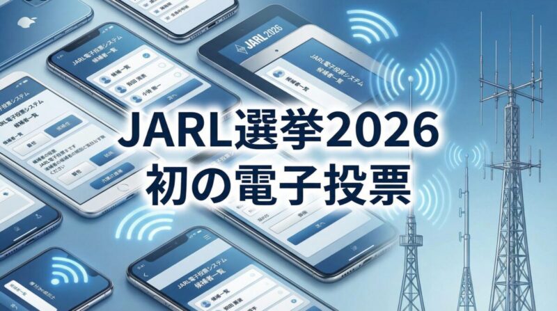 JARL選挙2026と電子投票のイメージ。スマートフォンとタブレットに投票システムが表示され、背景にアマチュア無線のアンテナタワーが見える