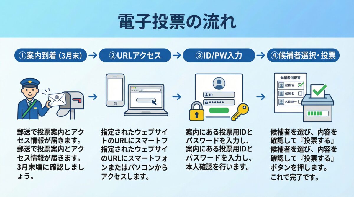 電子投票の流れを示す図。案内到着、URLアクセス、ID/PW入力、候補者選択・投票の4つのステップ