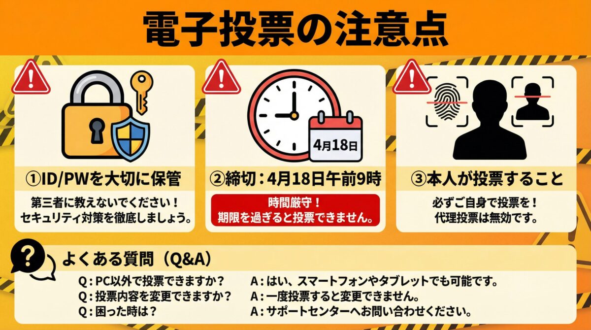 電子投票の注意点を示す図。ID/PWの保管、締切日時、本人投票の3つの重要事項とQ&A