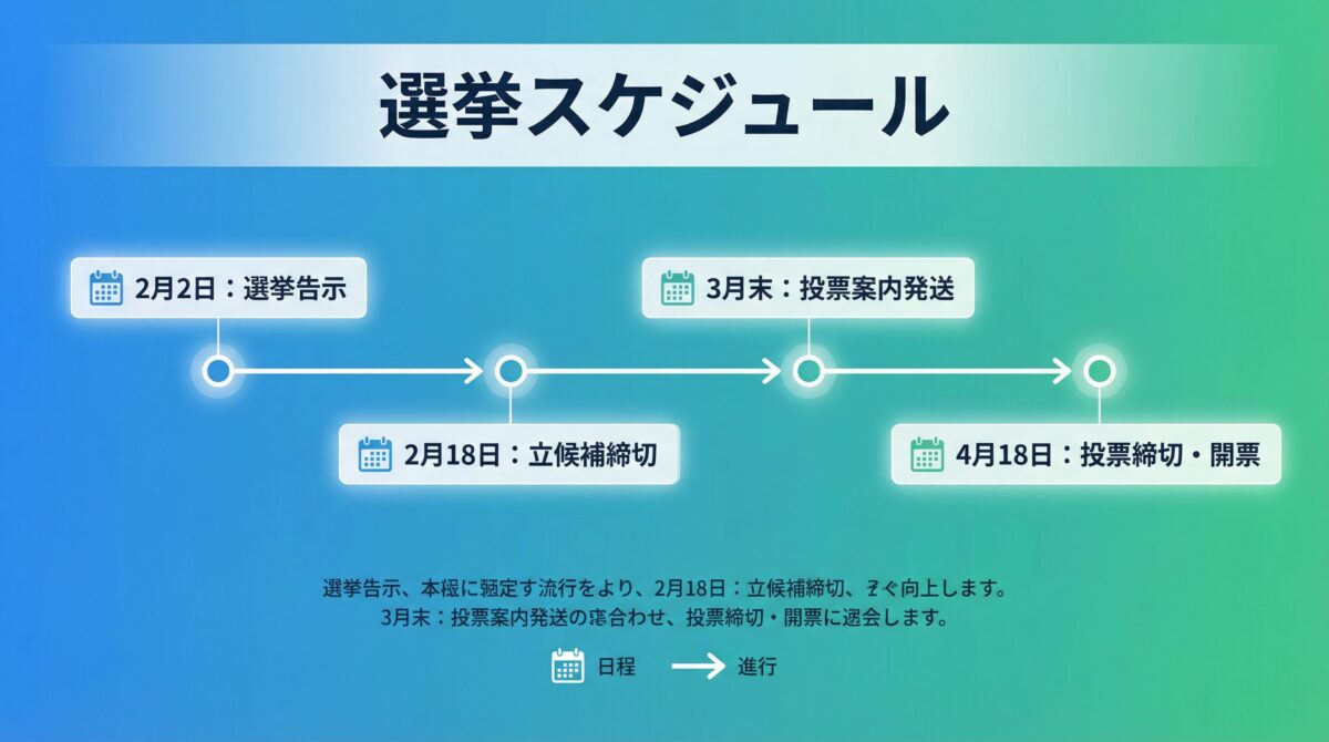 JARL選挙のスケジュールを示すタイムライン図。2月2日の告示から4月18日の開票まで