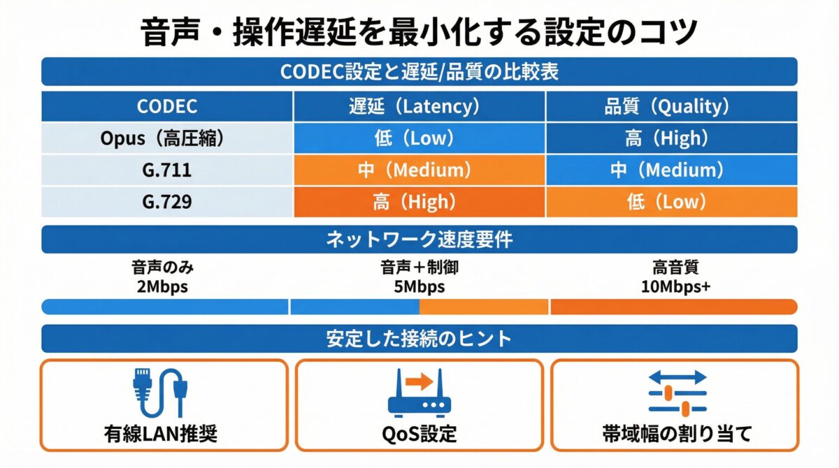 RS-BA1の音声・操作遅延を最小化するCODEC設定比較表とネットワーク速度要件