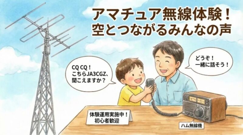 JA3CGZ局でアマチュア無線を体験する子どもと大人のイラスト
