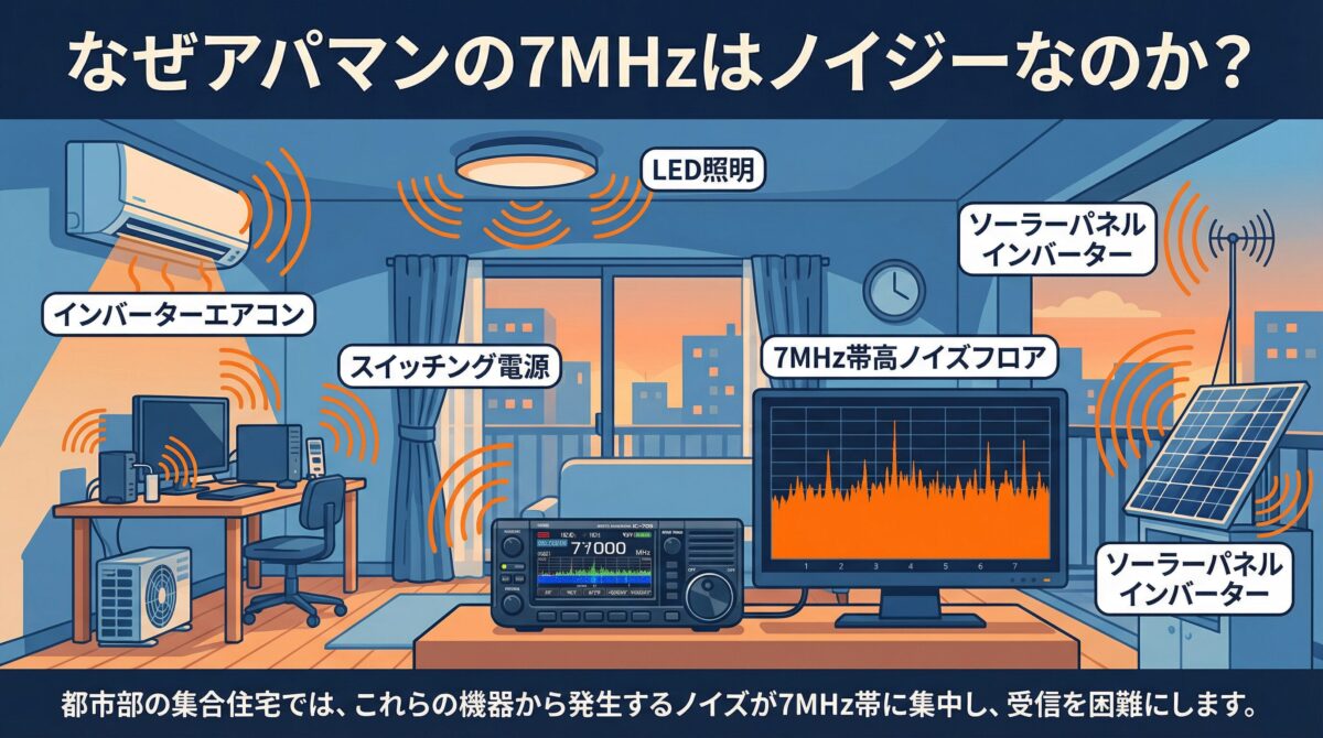 アパマンで7MHzがノイジーな理由 - インバーター家電・LED照明・スイッチング電源のノイズ源インフォグラフィック