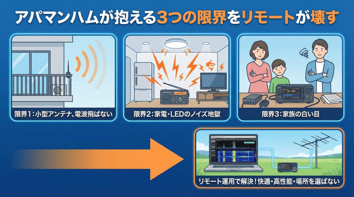 アパマンハムが抱える3つの限界(アンテナ制限・ノイズ・家族問題)をリモート運用が解決するインフォグラフィック