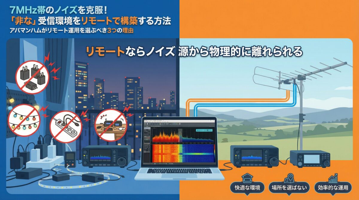 リモート運用でノイズ源から物理的に離れる仕組み - アパートと遠隔シャックの比較図
