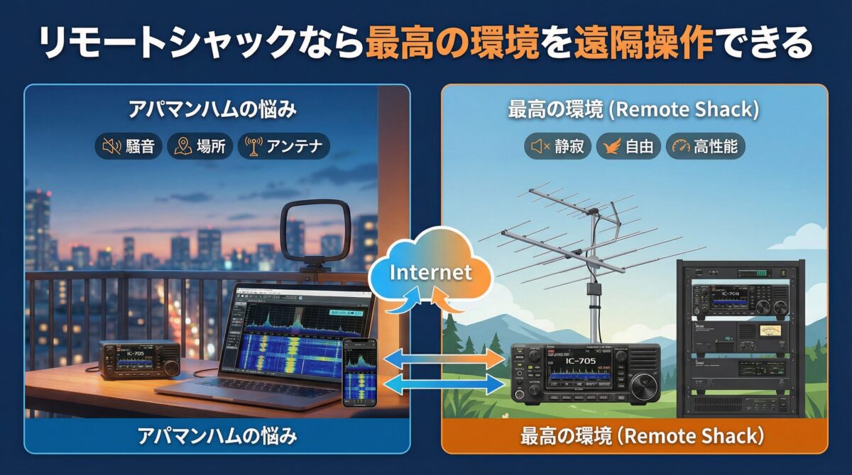 リモートシャックの仕組み - アパートからインターネット経由で遠隔地の無線設備を操作するシステム図