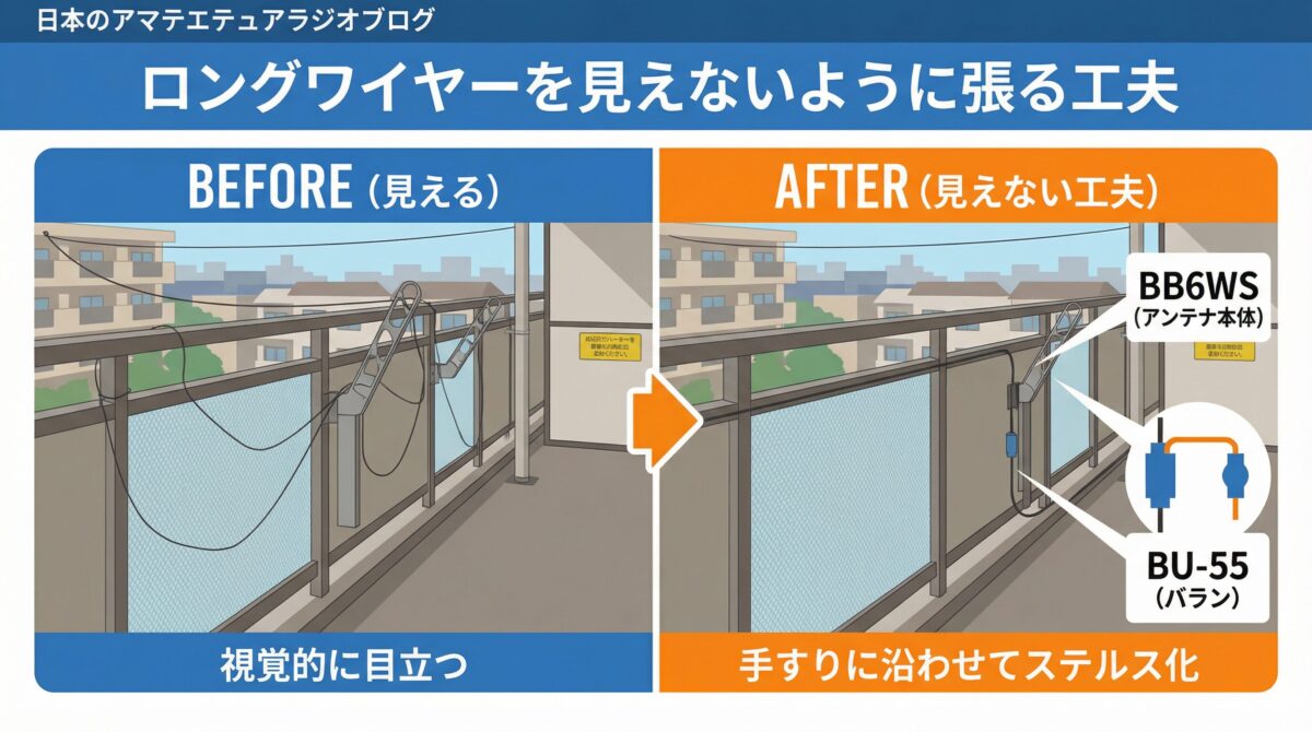 BB6WSとBU-55を使ってベランダにロングワイヤーアンテナをステルス設置するBefore/After