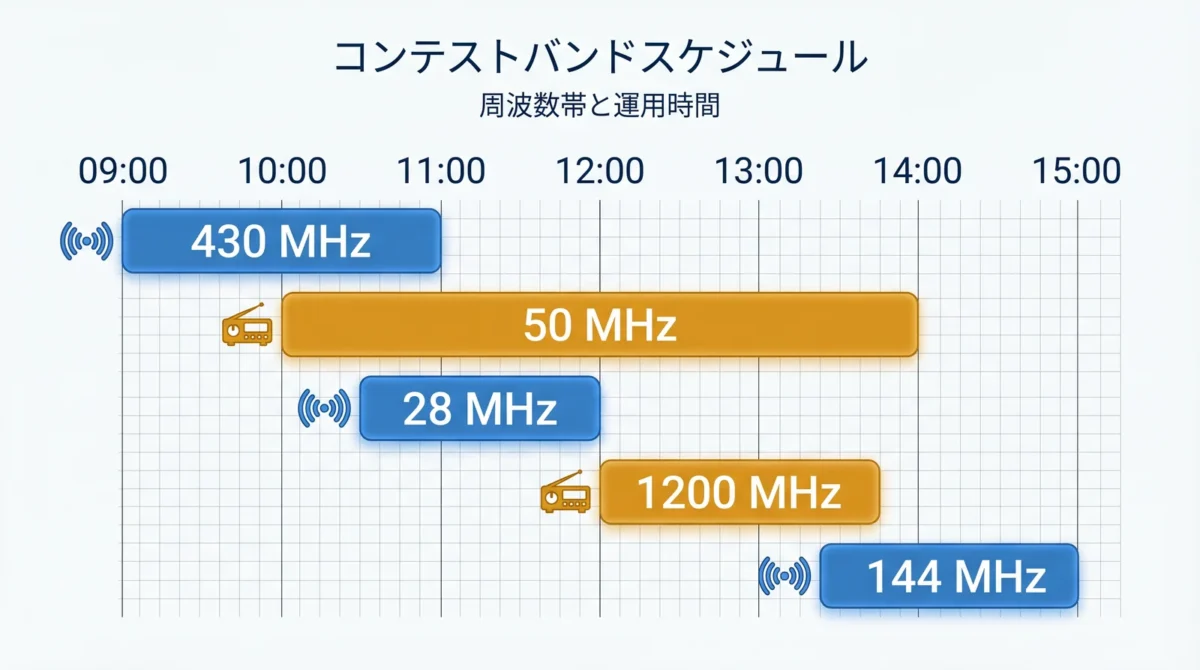 第41回6mAMコンテストのバンド別開催時間と対象周波数の図解